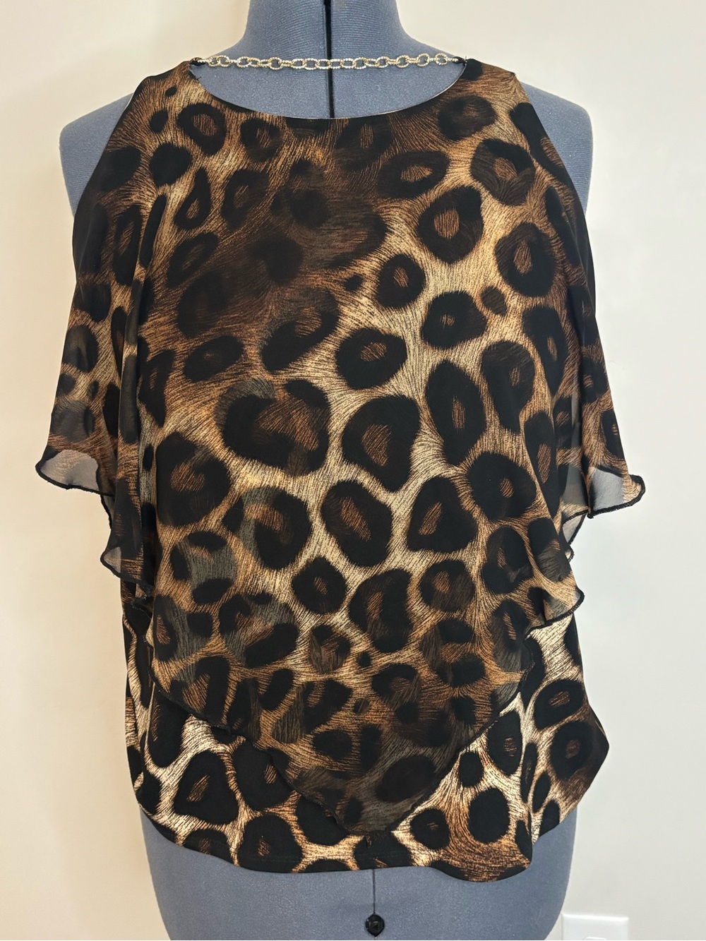 Liz McCoy Leopard Print Layered Tank Top with Gold Chain Neck Accent XL